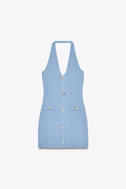 Blue Halter Neck Stretch Dress