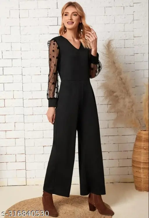 Lia Gathered Straight Net Sleeves Black Jumpsuit