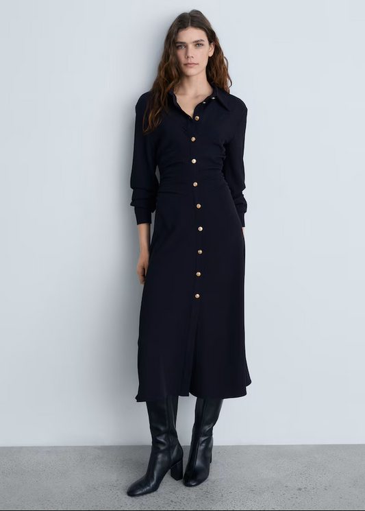 Navy Blue Draped Waist Midi Dress