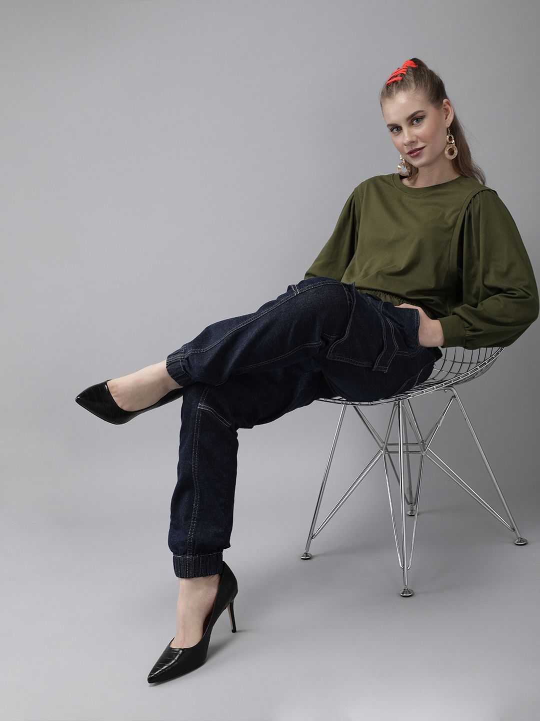 Ellie Olive Green Pure Cotton Solid Blouson Top