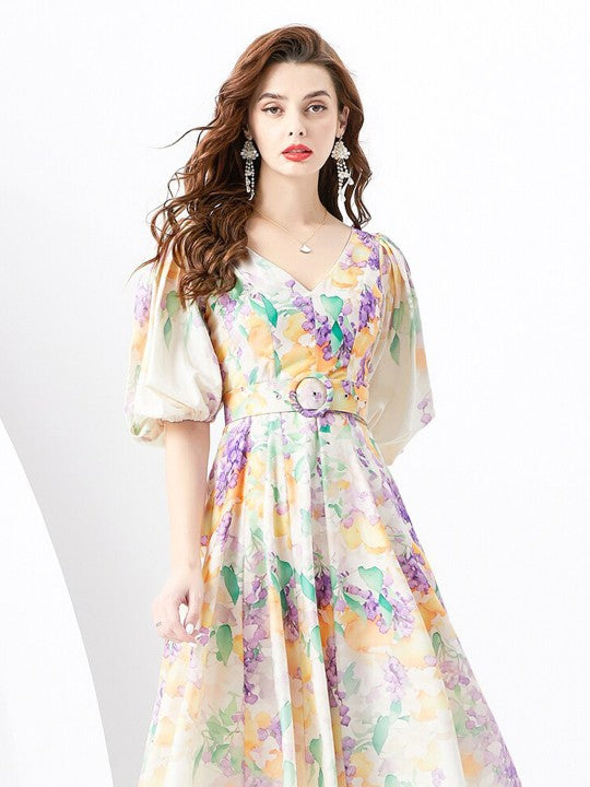 Floral Printed Flared Sleeve Maxi Dress