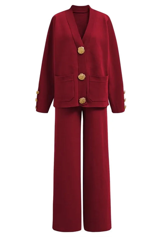 Golden Button Two-Piece Red Set