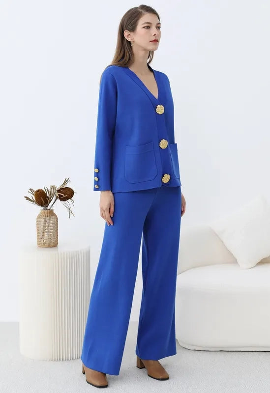 Golden Button Two-Piece Blue Set