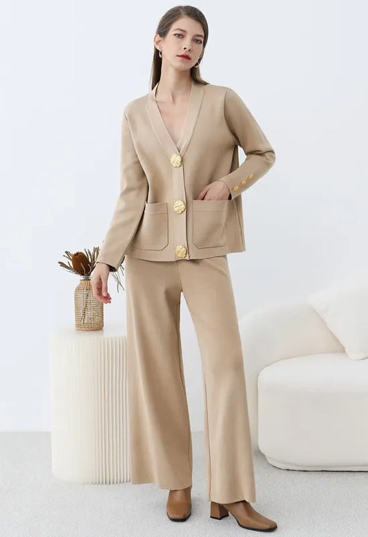 Golden Button Two-Piece Beige Set