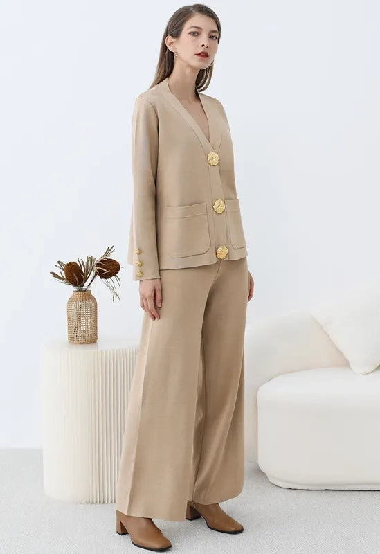 Golden Button Two-Piece Beige Set