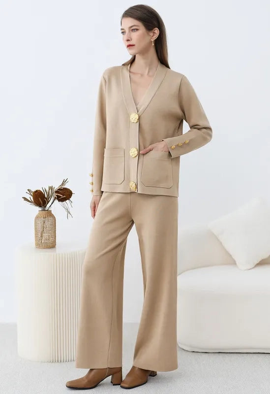 Golden Button Two-Piece Beige Set