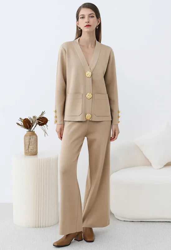 Golden Button Two-Piece Beige Set