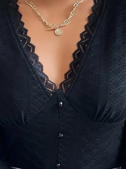 V-Neck Long Sleeves Fitted Top In Black