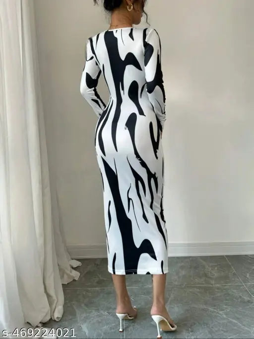 Eleyn Abstract Printed Drop Waist Full Sleeves Bodycon Dress