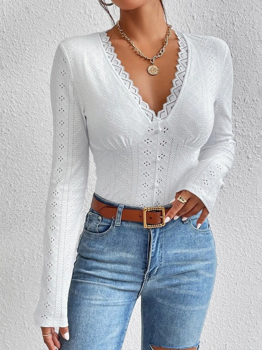 V-Neck Long Sleeves Fitted Top In White