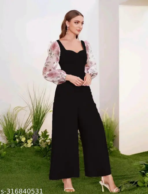 Lia Gathered Puff Sleeves Black Jumpsuit