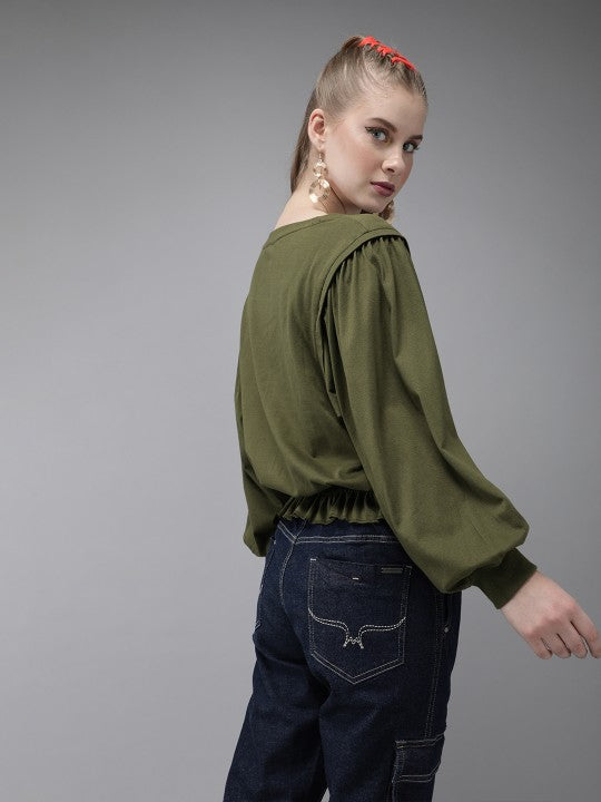 Ellie Olive Green Pure Cotton Solid Blouson Top