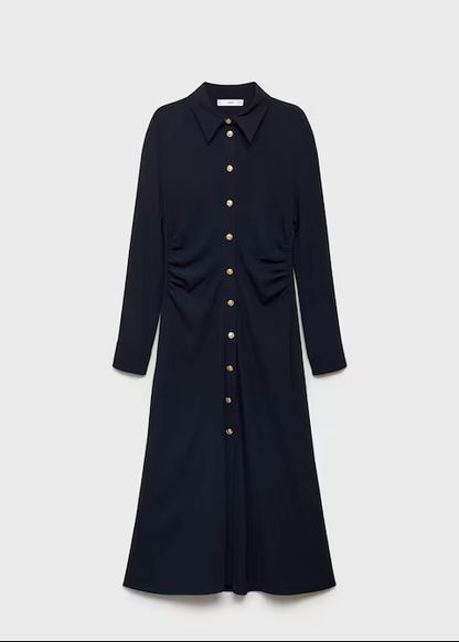 Navy Blue Draped Waist Midi Dress