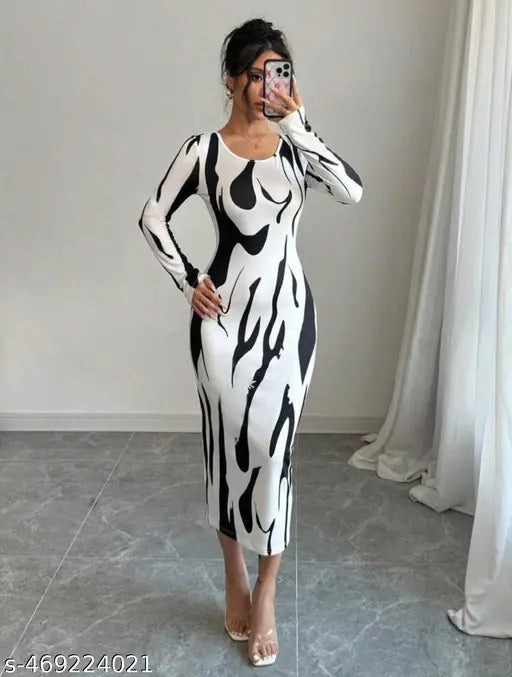 Eleyn Abstract Printed Drop Waist Full Sleeves Bodycon Dress