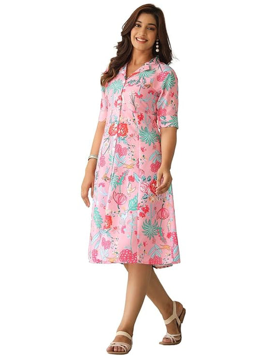 Floral One Piece Collar Dress With Pocket