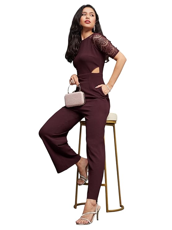 Half Sleeve Solid Waist Cut-Out Regular Length Pocketed Jumpsuit