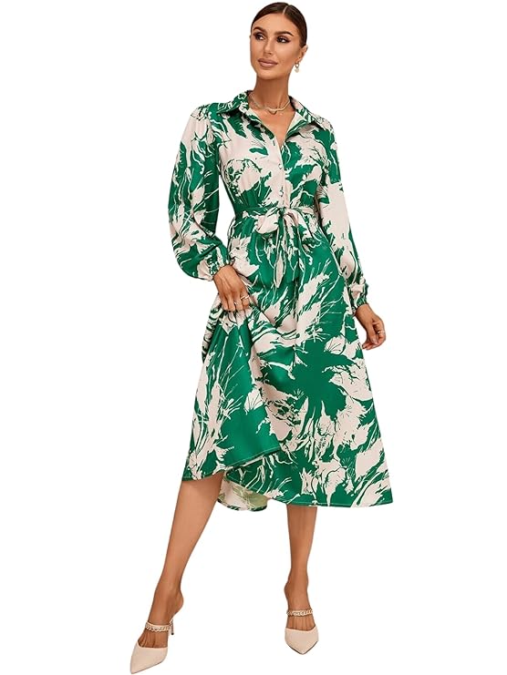 Long Sleeves Tie Waist Green Floral One Piece Collar Dress