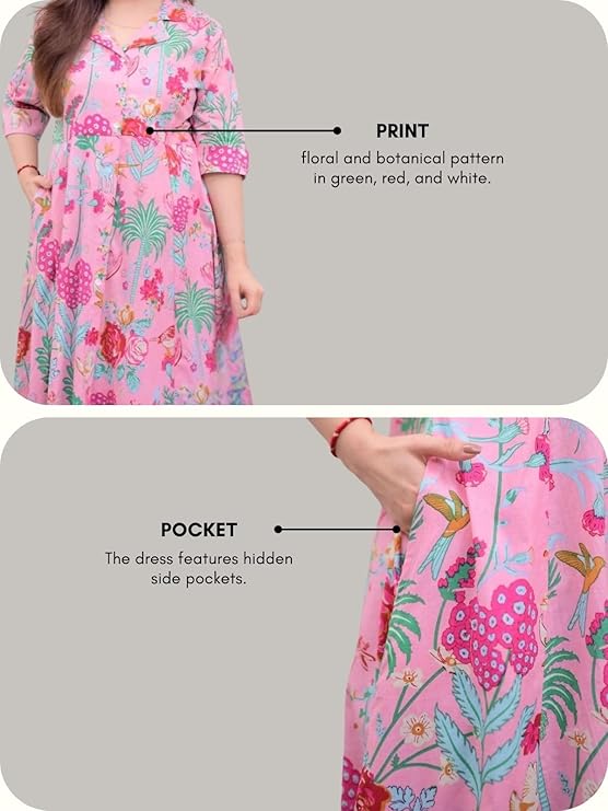 Floral One Piece Collar Dress With Pocket