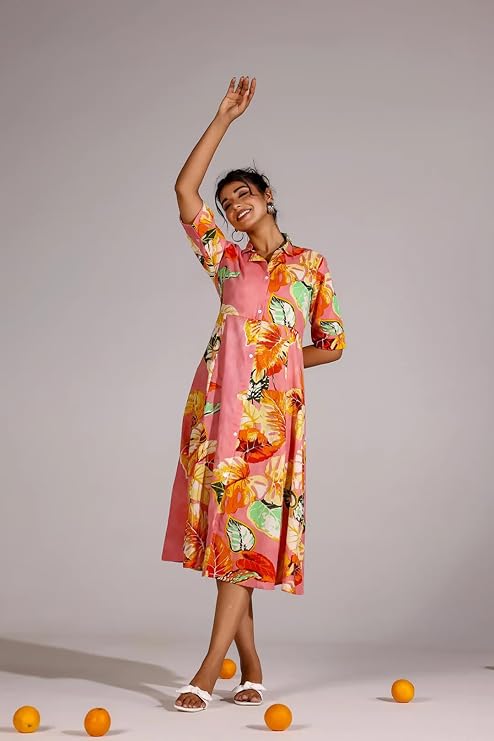 Floral Rayon Fit and Flare Below The Knee One Piece Dress