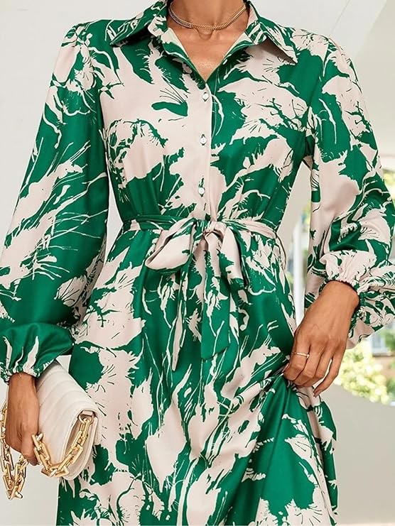 Long Sleeves Tie Waist Green Floral One Piece Collar Dress