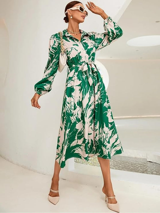 Long Sleeves Tie Waist Green Floral One Piece Collar Dress