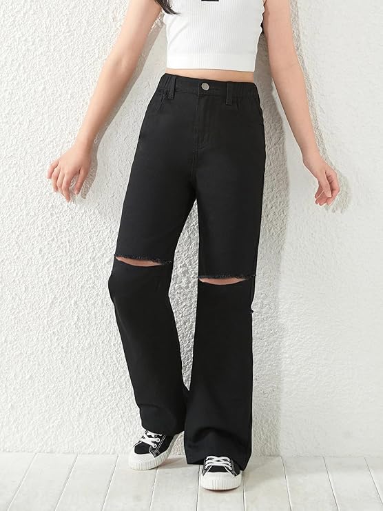 Black Knee Cut Baggy Jeans