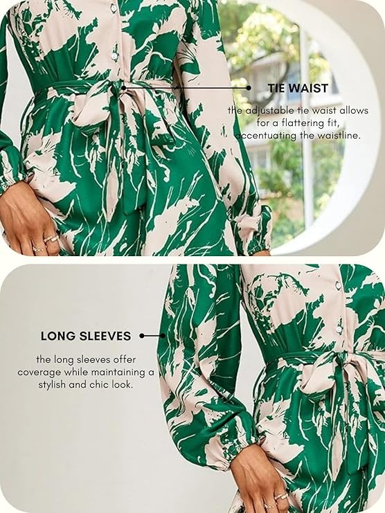 Long Sleeves Tie Waist Green Floral One Piece Collar Dress