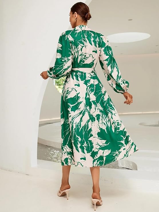 Long Sleeves Tie Waist Green Floral One Piece Collar Dress