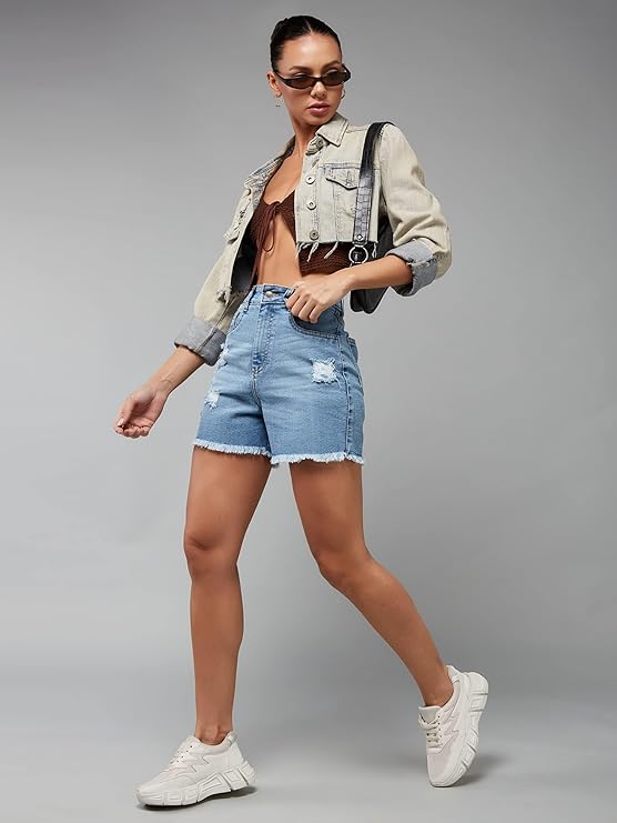 Relaxed Fit Mid Rise Highly Distressed Regular-Length Denim Shorts