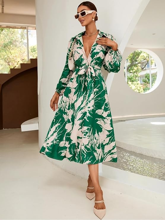 Long Sleeves Tie Waist Green Floral One Piece Collar Dress