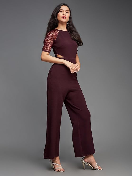 Half Sleeve Solid Waist Cut-Out Regular Length Pocketed Jumpsuit