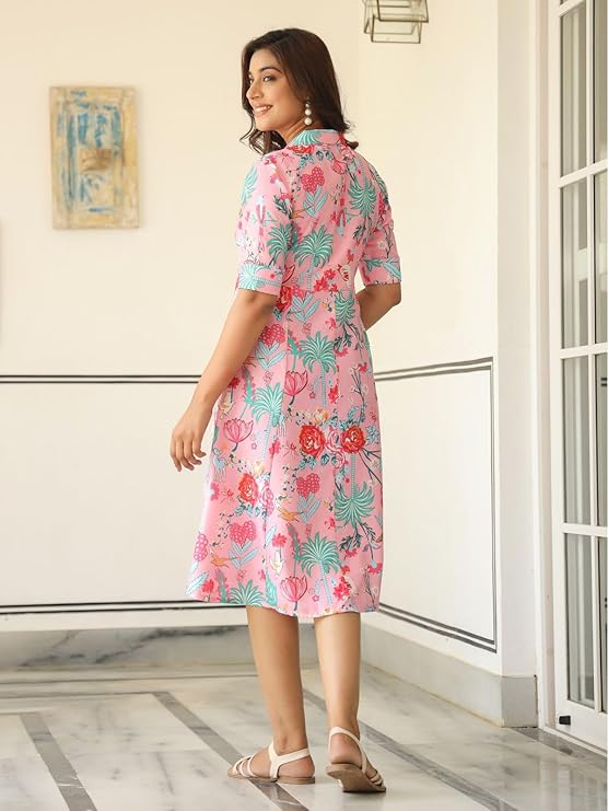 Floral One Piece Collar Dress With Pocket