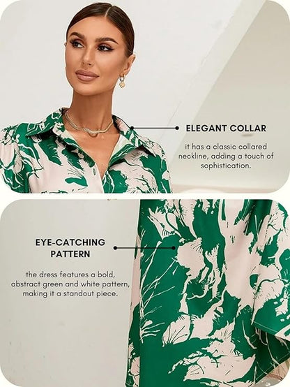 Long Sleeves Tie Waist Green Floral One Piece Collar Dress