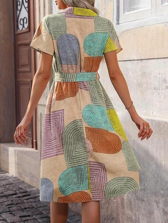 Short Sleeve Collar Neck Dress With Geometric Print