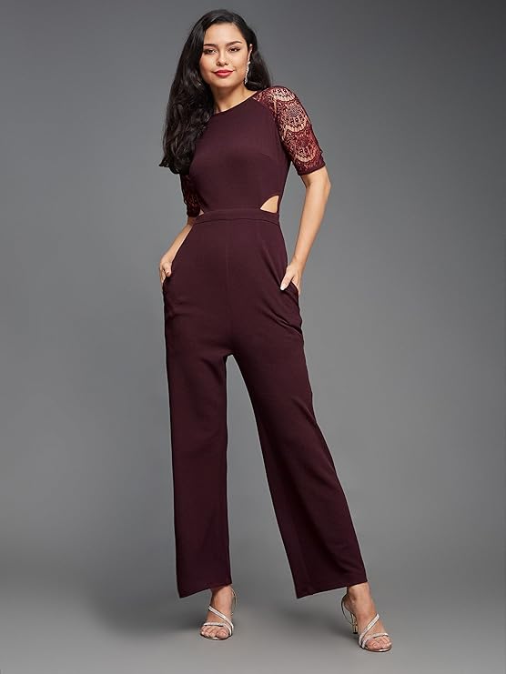 Half Sleeve Solid Waist Cut-Out Regular Length Pocketed Jumpsuit