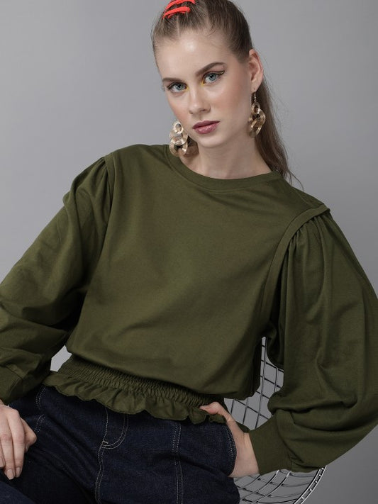 Ellie Olive Green Pure Cotton Solid Blouson Top