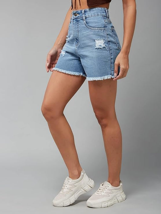 Relaxed Fit Mid Rise Highly Distressed Regular-Length Denim Shorts