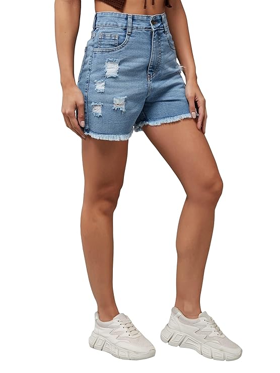 Relaxed Fit Mid Rise Highly Distressed Regular-Length Denim Shorts