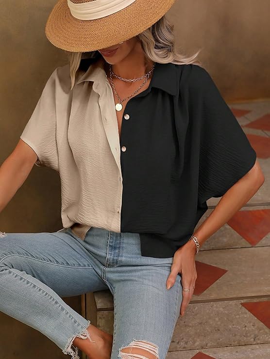 Hazel Half Sleeves Two-Toned Crop Shirt Top