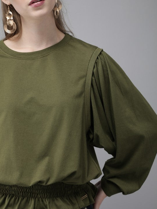 Ellie Olive Green Pure Cotton Solid Blouson Top