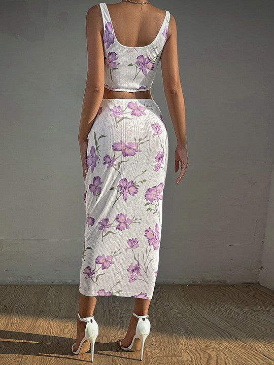 Floral Printed Corset Crop Top & Pencil Skirt