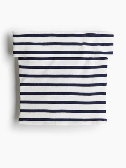 Stripped Cropped Rib-Knit Off-The-Shoulder Top