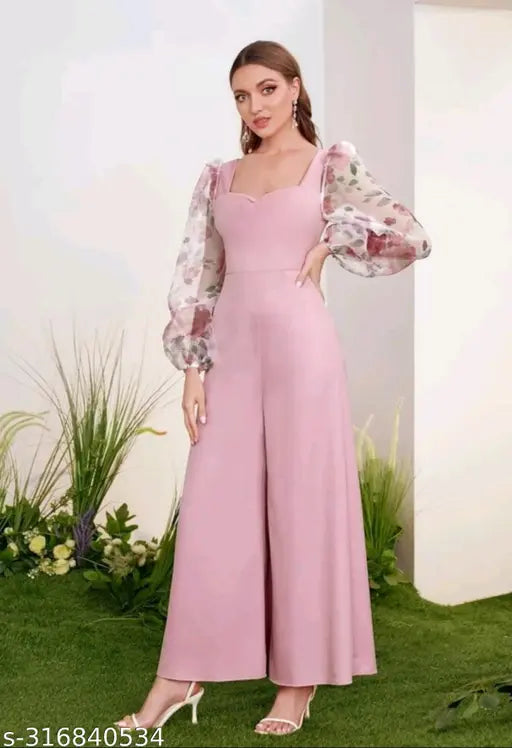 Lia Gathered Puff Sleeves Pink Jumpsuit