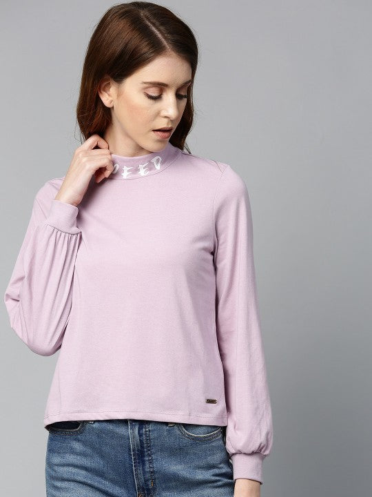 The Lifestyle Co. Women Lavender Solid Puff Sleeves Top