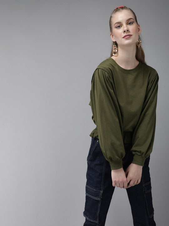 Ellie Olive Green Pure Cotton Solid Blouson Top