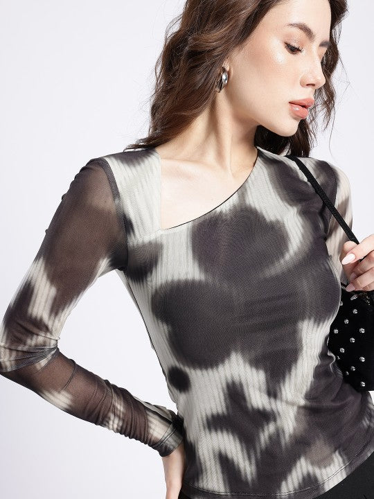 Dyed Printed Mesh Fitted Top