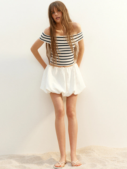 Stripped Cropped Rib-Knit Off-The-Shoulder Top