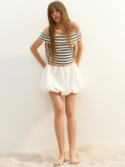 Stripped Cropped Rib-Knit Off-The-Shoulder Top