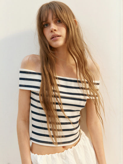 Stripped Cropped Rib-Knit Off-The-Shoulder Top