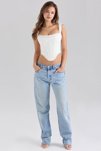 White Stretch Cotton Scallop Trim Corset Top